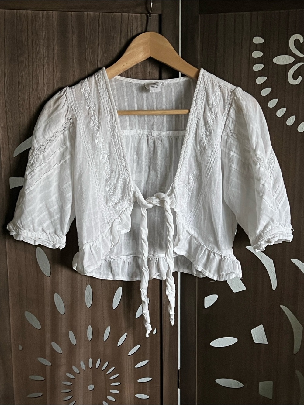 Japna White Tie-Front Ruffled Peasant Blouse